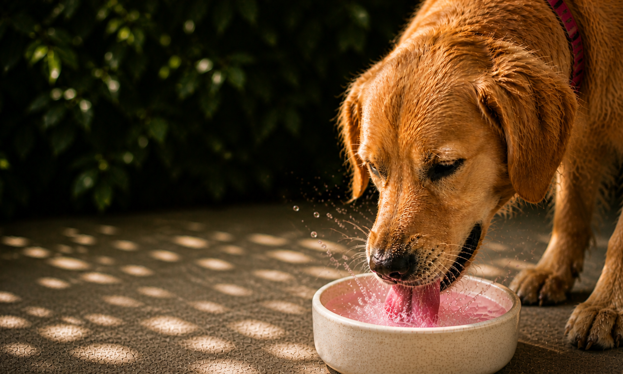 Dog drinking LapsUp from a bowl outdoors with greenery in the background