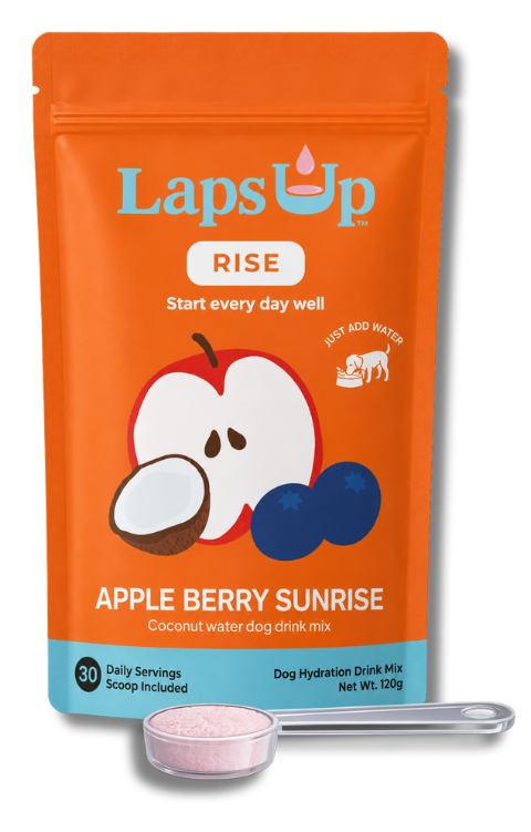 LapsUp Apple Berry Sunrise dog drink mix package with a scoop on a white background