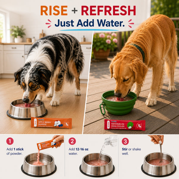 Dog food hydration promotional graphic with two dogs drinking from water bowls and package shots. Large text reads 'RISE + REFRESH Just Add Water.'