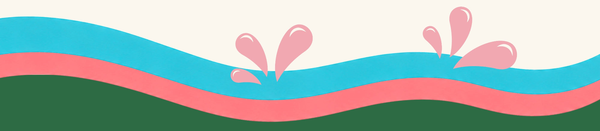 A flat vector-style graphic with wavy horizontal bands in teal blue, pink, and dark green on a light cream background, with three pink splash shapes above the waves.